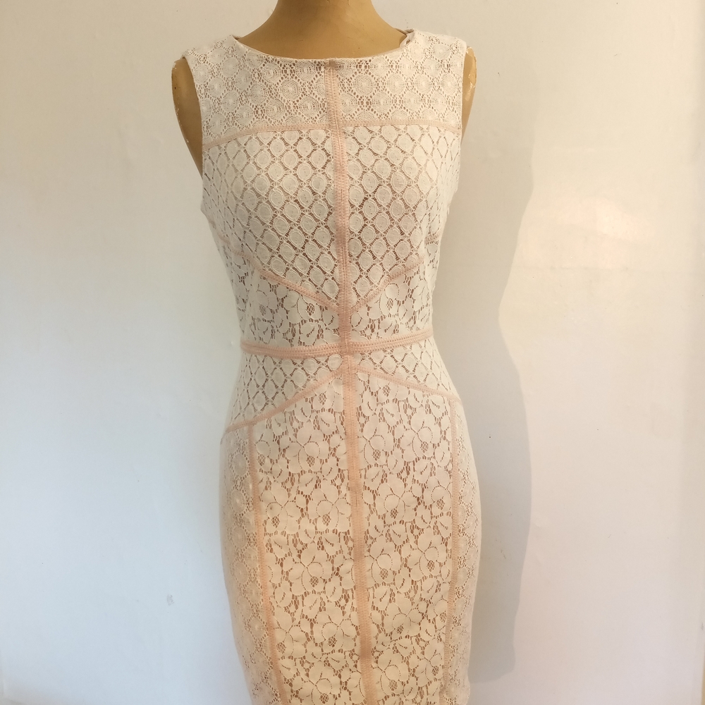 Vintage Maggy London Blush Lace Midi Sheath Dress